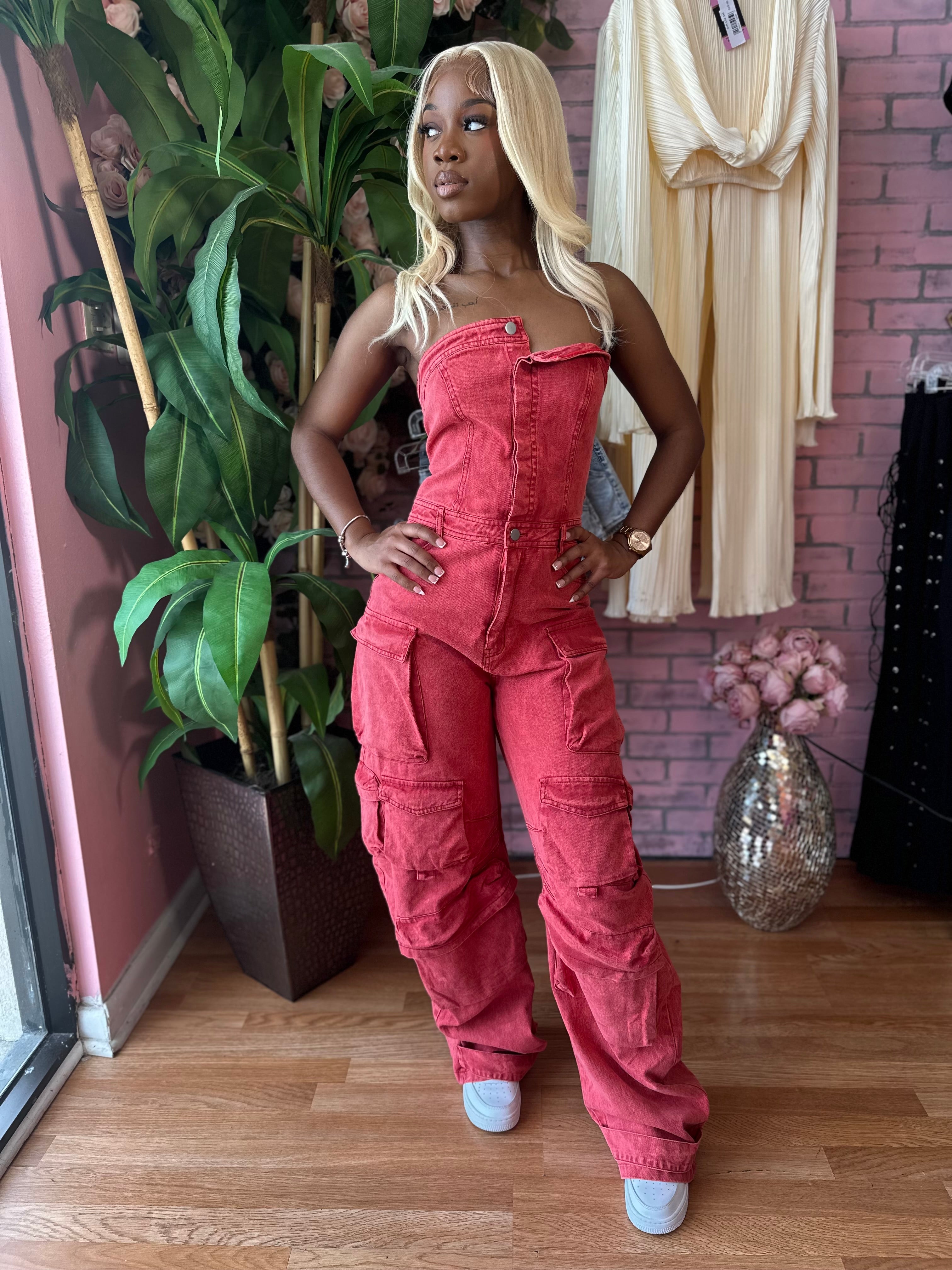 Red cargo jumpsuit online